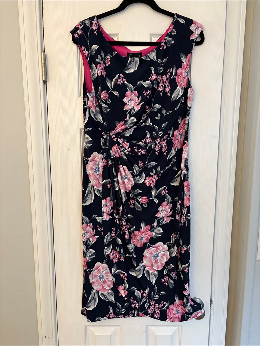 Connected Apparel Navy Pink Floral Twist-Front Sleeveless Midi Dress Size 14